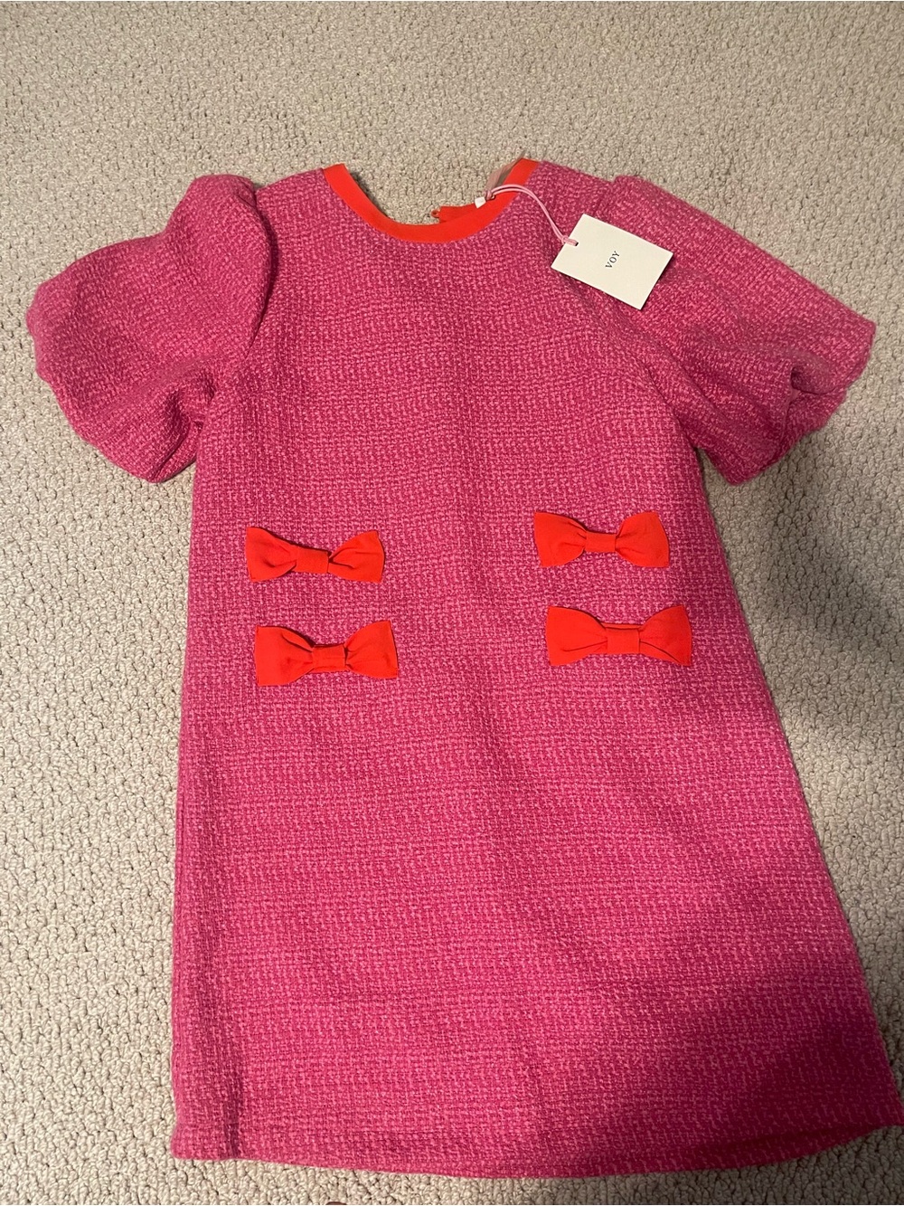 Voy Pink Tweed Dress with Orange  Bow Accents